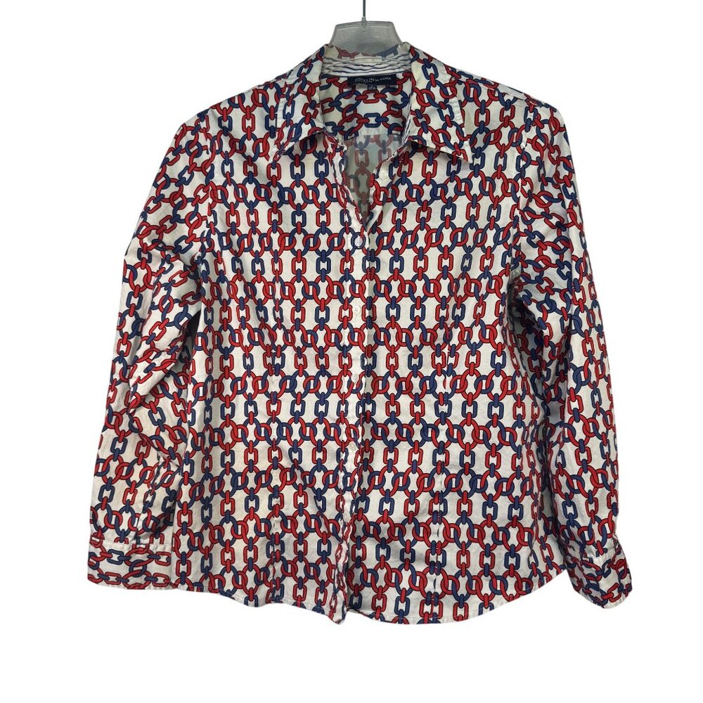 Jones New York Signature Chain Print Button-Up Shirt XL Red & Blue
